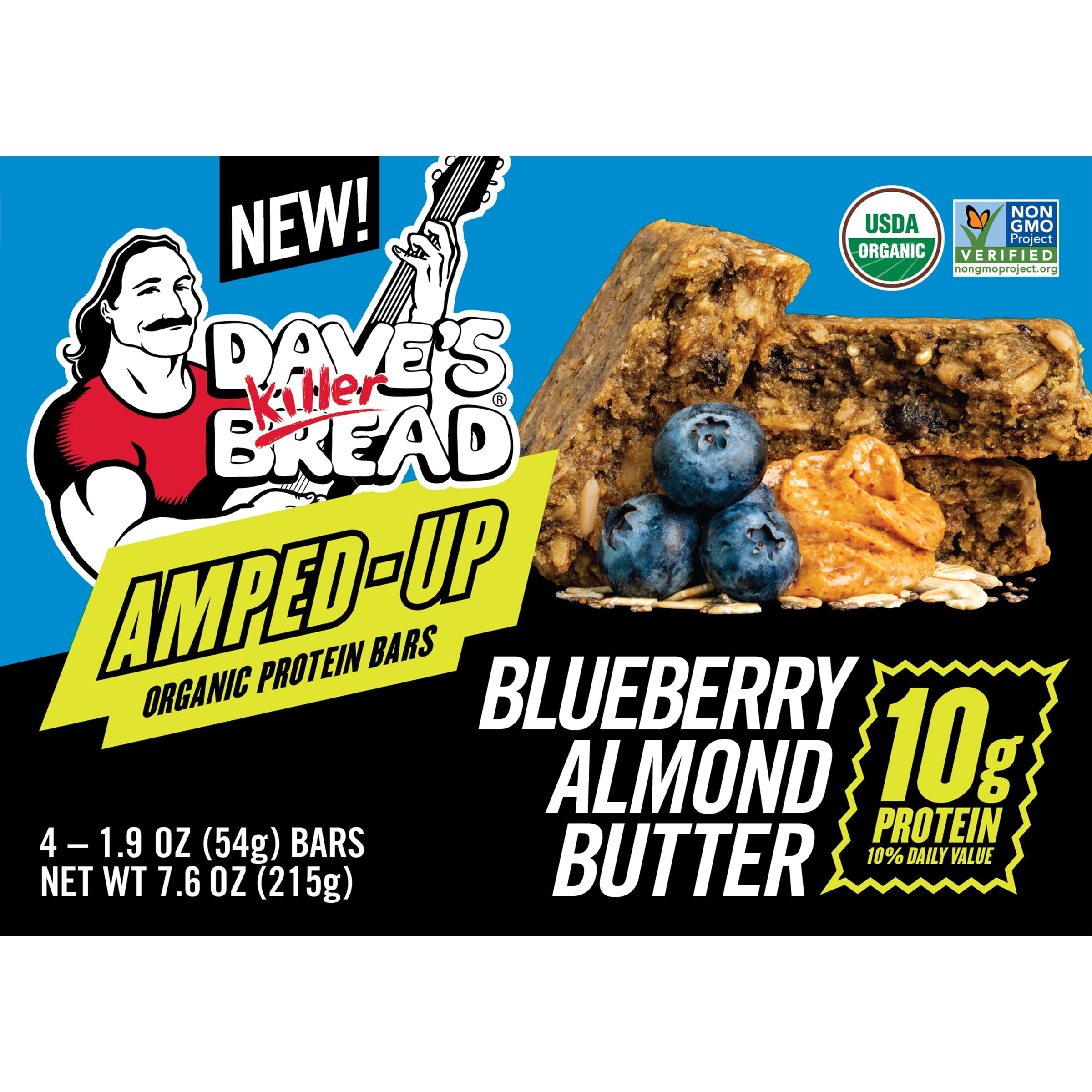 Dave's Killer Bread Amped-Up Blueberry Almond Butter Organic Protein Bars, 4 Count -PACK Of 6