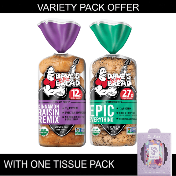 Dave's Killer Bread Cinnamon Raisin Remix Bagels, Organic Cinnamon Raisin Bagels, 5 Count | Dave's Killer Bread Epic Everything Bagels, Organic Bagels, 27g Whole Grains per Bagel, 5 Count