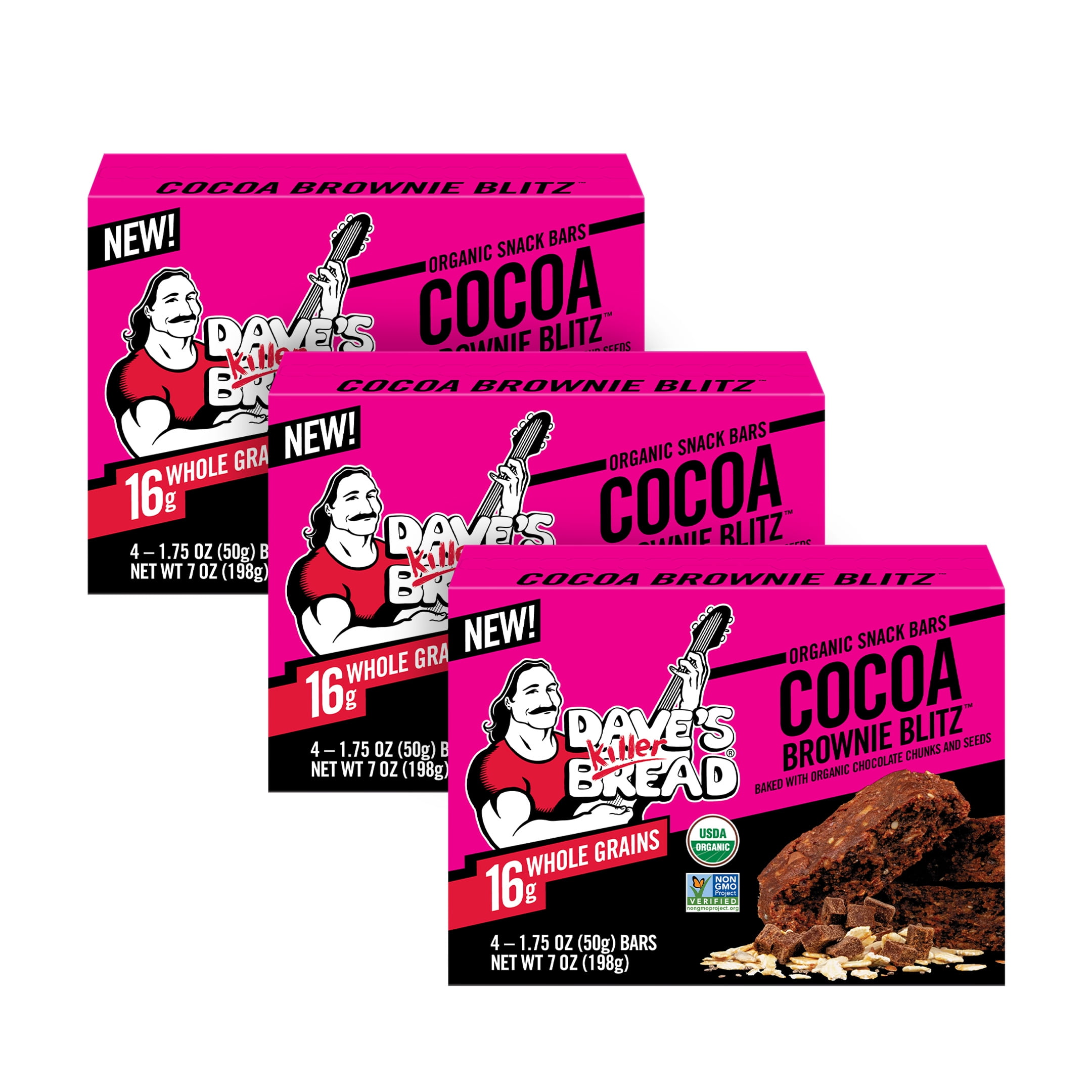 Dave's Killer Bread Cocoa Brownie Blitz Organic Snack Bars, 4 Individually Wrapped Snack Bars (Pack of 3)