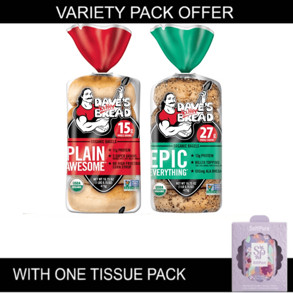 Dave's Killer Bread Organic Bagels Variety Pack, Epic Everything & Plain Awesome, 5 Count Each (2 Packs) + 1 Tissue Pack
