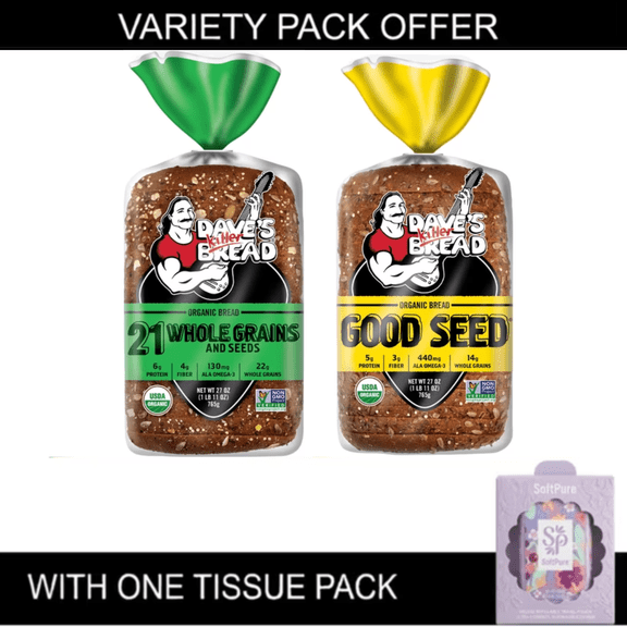 Dave's Killer Bread Organic Variety Pack, 21 Whole Grains & Seeds & Good Seed Bread, 27 oz Loaves, 2 Pack (Includes One Tissue Pack)