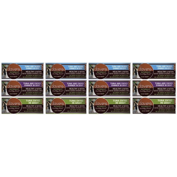 Dave's Pet Food Grain Free Cat Food Variety Bundle: 4 Tuna & Salmon in Aspic, 4 Tuna in Gravy and 4) Tuna & Chicken in Gravy (12 Cans Total, 2.8 Ounces Each)