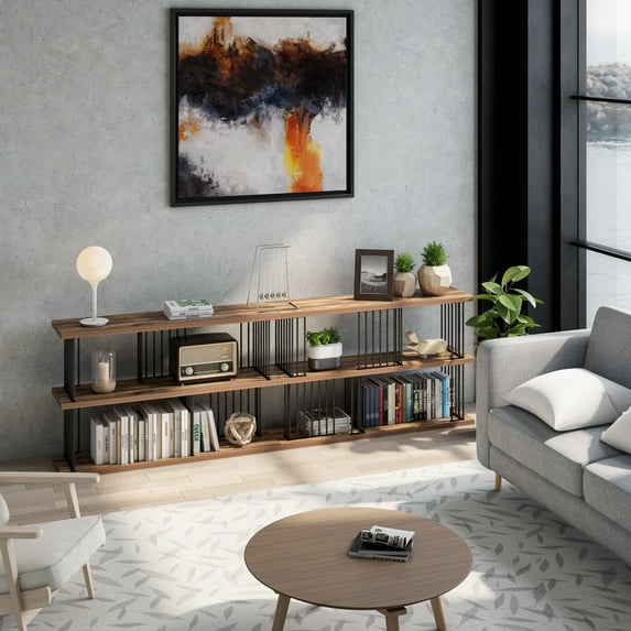 Davee 94.5" W Antique Walnut and lron Standard Bookcase - 94.5*12*43.8 inches