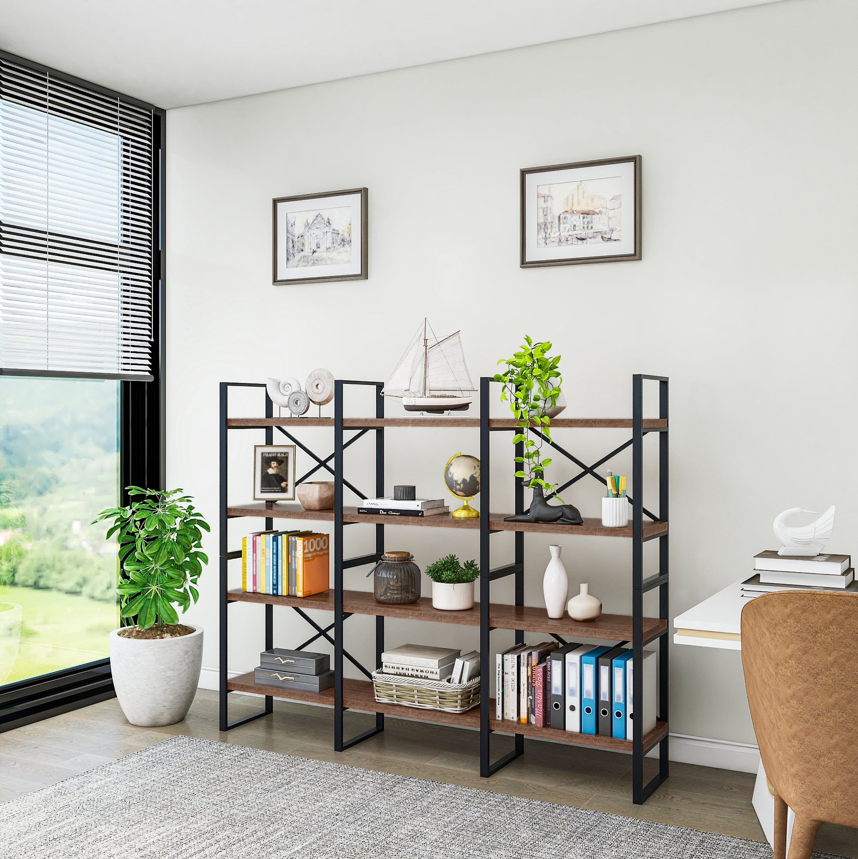 Ashlyn Adjustable Antique Walnut Wood and Black Metal Etagere Bookcase