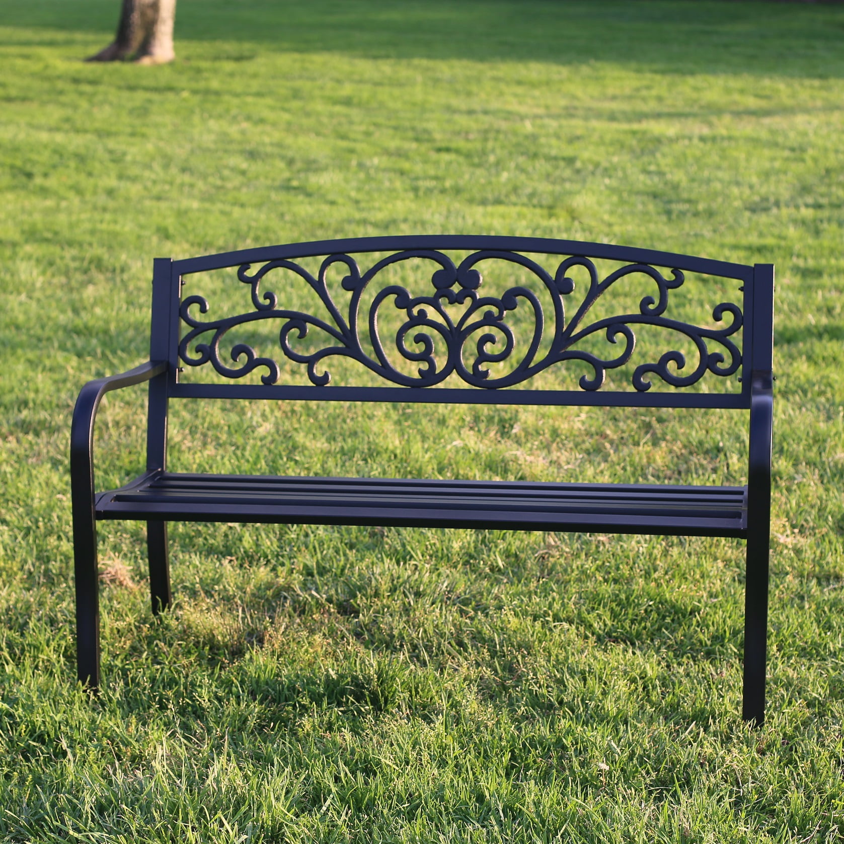 Black Metal Outdoor Garden Bench with Ornate Backrest