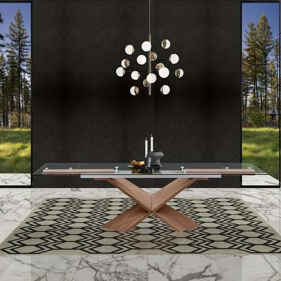 Davee Transparent Glass Top with Wood Leg Extendable Dining Table