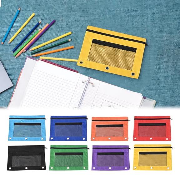 Daveitl 3 Hole Binder Double Layer Mesh Pencil Case, Large Capacity Cloth Stationery Storage Pouch, 9.84 x 7.48 Inches, Multiple Optional Colors