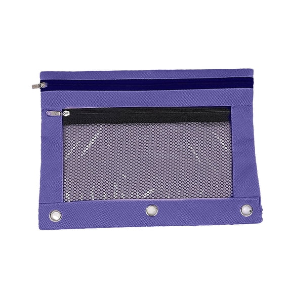 Daveitl 3 Holes Binder Double Zipper Pencil Pouch, Mesh Window Cloth Stationery Storage Bag, 9.84 x 7.48 x 0.39 Inches, Multiple Colors Available