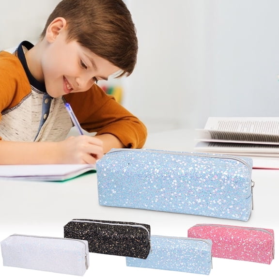Daveitl Glitter Faux Leather Zipper Pencil Case, Large Single Compartment Portable Multipurpose Storage Pouch For Stationery Cosmetic Small Accessories, 8.3 x 2.7 x 2.7 Inches