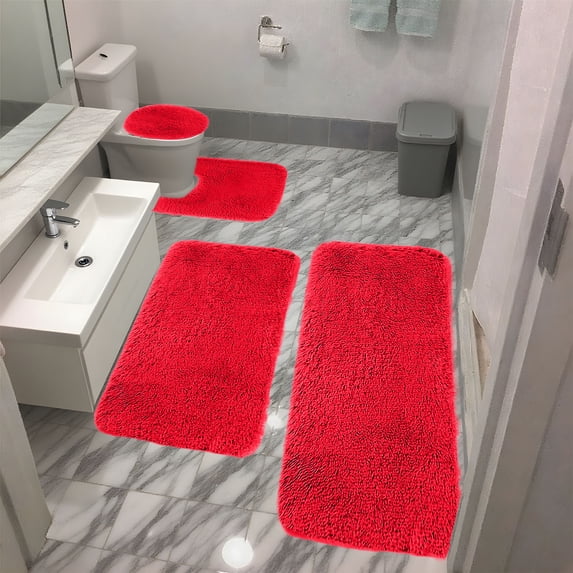 Daveitl Red 4-Piece Soft Bathroom Rug Set, Plush Velvet Floor Mats with Non-Slip Backing, Water Absorbent Machine Washable Rugs