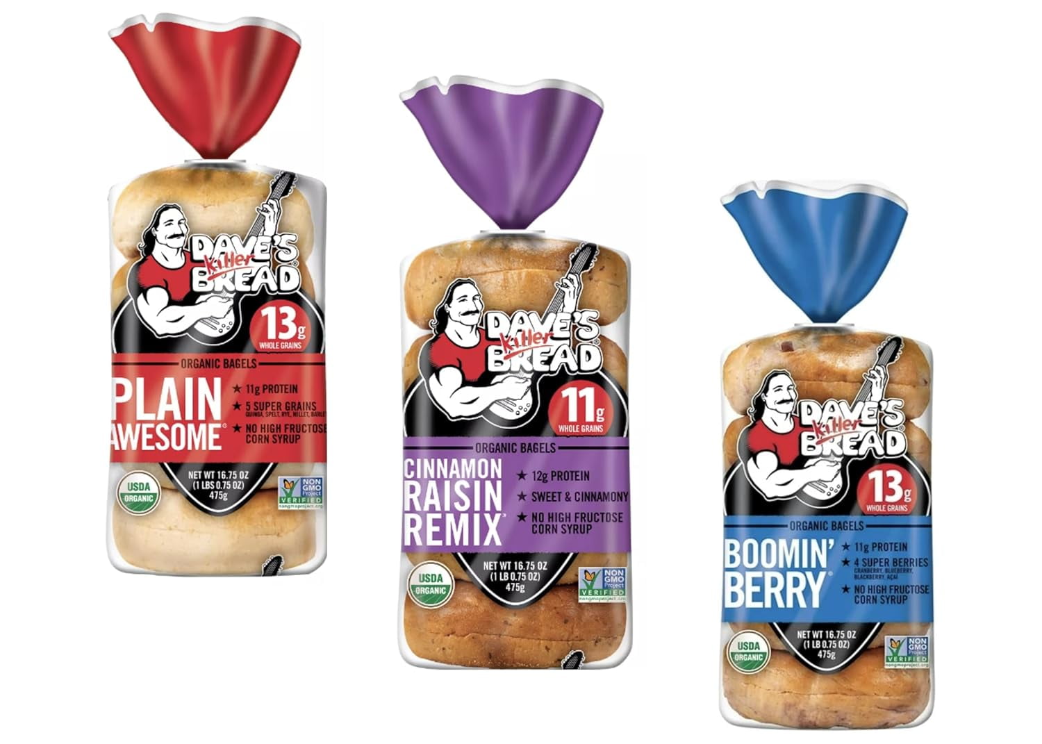 Daves Killer Bread Organic Bagel Variety Pack: Cinnamon Raisin, Plain ...