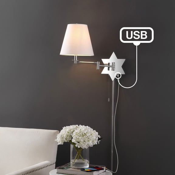 JONATHAN Y David 18.5" 1-Light Modern French Country Swing Arm Plug-In or Hardwired Iron LED Star Wall Sconce with Pull-Chain and USB Charging Port, Chrome