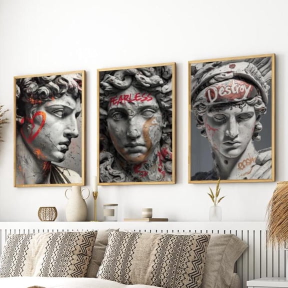 David Apollo Statue Portrait Michelangelo Renaissance Sculpture Graffiti Classical Art Set 3 Stretched Canvas