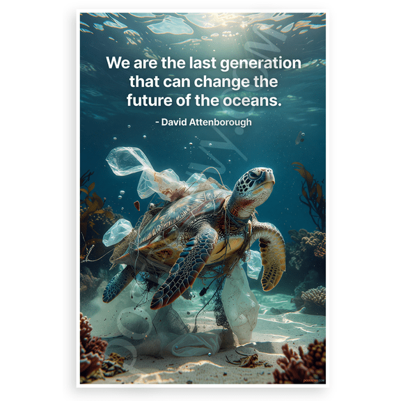 David Attenborough "We are the Last Generation That Can Change the Future of the Oceans" Sea Turtle Plastic Pollution 12x18 US Made Poster