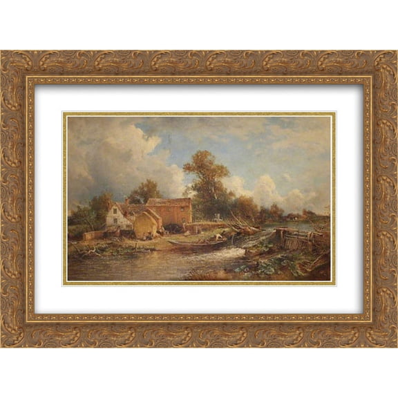 David Bates 2x Matted 24x18 Gold Ornate Framed Art Print 'Forge Mill, River Tame '