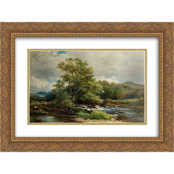 David Bates 2x Matted 24x18 Gold Ornate Framed Art Print 'The Banks of the Brathay, Ambleside, Westmoreland '