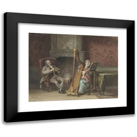 David Bles 14x12 Black Modern Framed Museum Art Print Titled - Interior with Girl Who Plays Harp and a Gentleman in a Chair Watching (1831 - 1899)