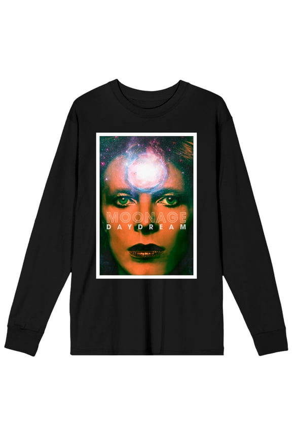 David Bowie Close Up Face Crew Neck Long Sleeve Black Adult Tee-XL