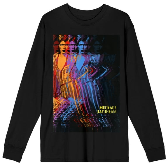 David Bowie Multi-Colored Artist Pose Crew Neck Long Sleeve Black Adult Tee-3XL