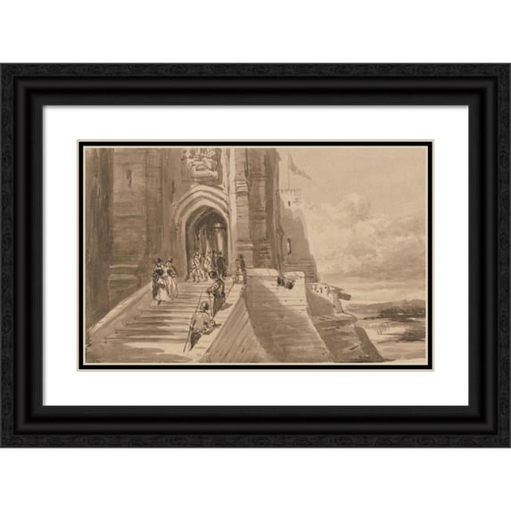 David Cox 18x13 Black Ornate Wood Framed Double Matted Museum Art Print Titled - Figures on the Outer Staircase of a Castle (ca. 1840)