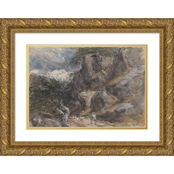 David Cox 18x14 Gold Ornate Wood Frame and Double Matted Museum Art Print Titled - Driving Sheep in a Rocky Landscape (ca. 1846)