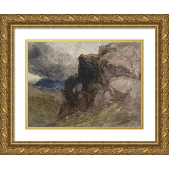 David Cox 24x18 Gold Ornate Framed and Double Matted Museum Art Print Titled - Rocky Landscape in Wales with Figure Drawing in the Foreground to the Right (1836 - 1859)