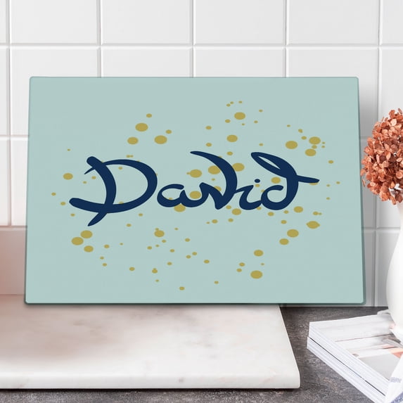 David Cutting Board, Hand Drawn Lettering Design with Traditional Male Name on Dotted Background, Decorative Tempered Glass Cutting and Serving Board, Large Size, Dark Blue Mustard, by Ambesonne