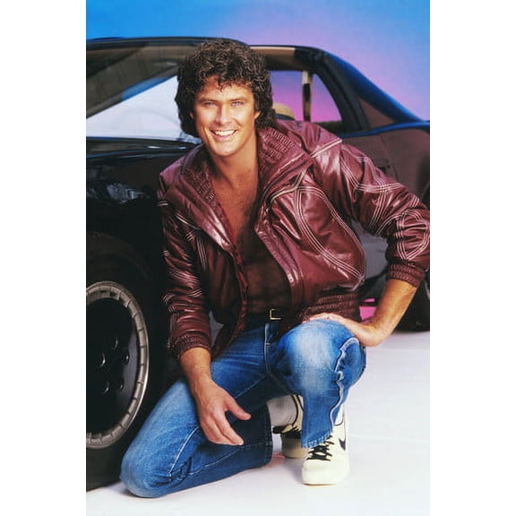 David Hasselhoff in open leather jacket bare chest by Sports Car Knight Rider era 24x36 Poster
