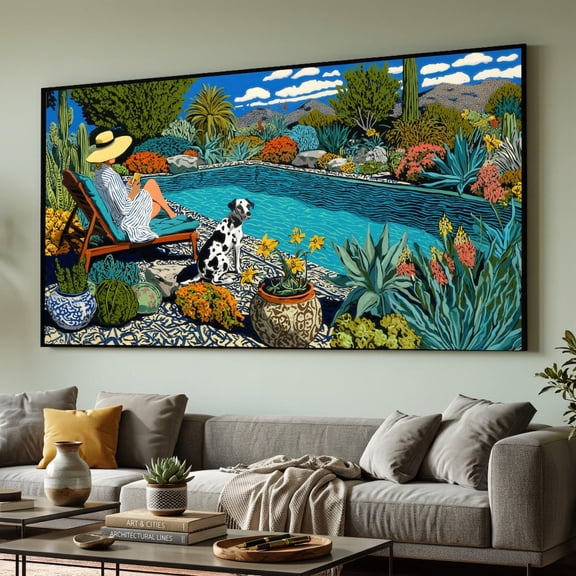 David Hockney Style Sunny Poolside Scene, Unframed Paper Poster 8x10in
