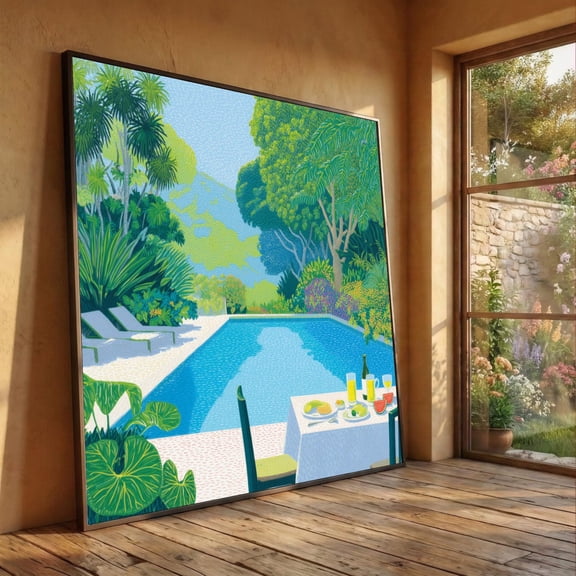 David Hockney Tranquil Poolside View, Lush Garden Landscape Wall Art, Unframed Paper Poster 8x10in