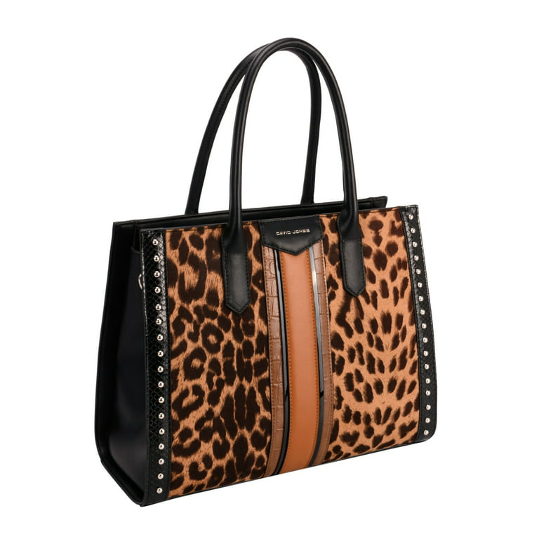 David Jones Paris Women Fashion Leopard Print Studs Satchel Shoulder Tote  Bag - Black/Brown