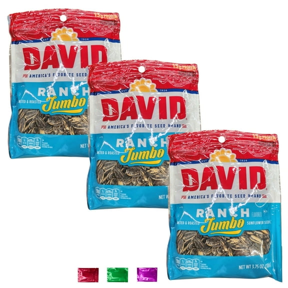 David Jumbo Ranch Sunflower Seeds, Salted & Roasted Bold Ranch Flavor Jumbo Seeds for Snacking Sporting Events Movie Nights Camping School Office 3.75 Oz 3 Packs w/ Bonus Snoep in Beperkte Oplage