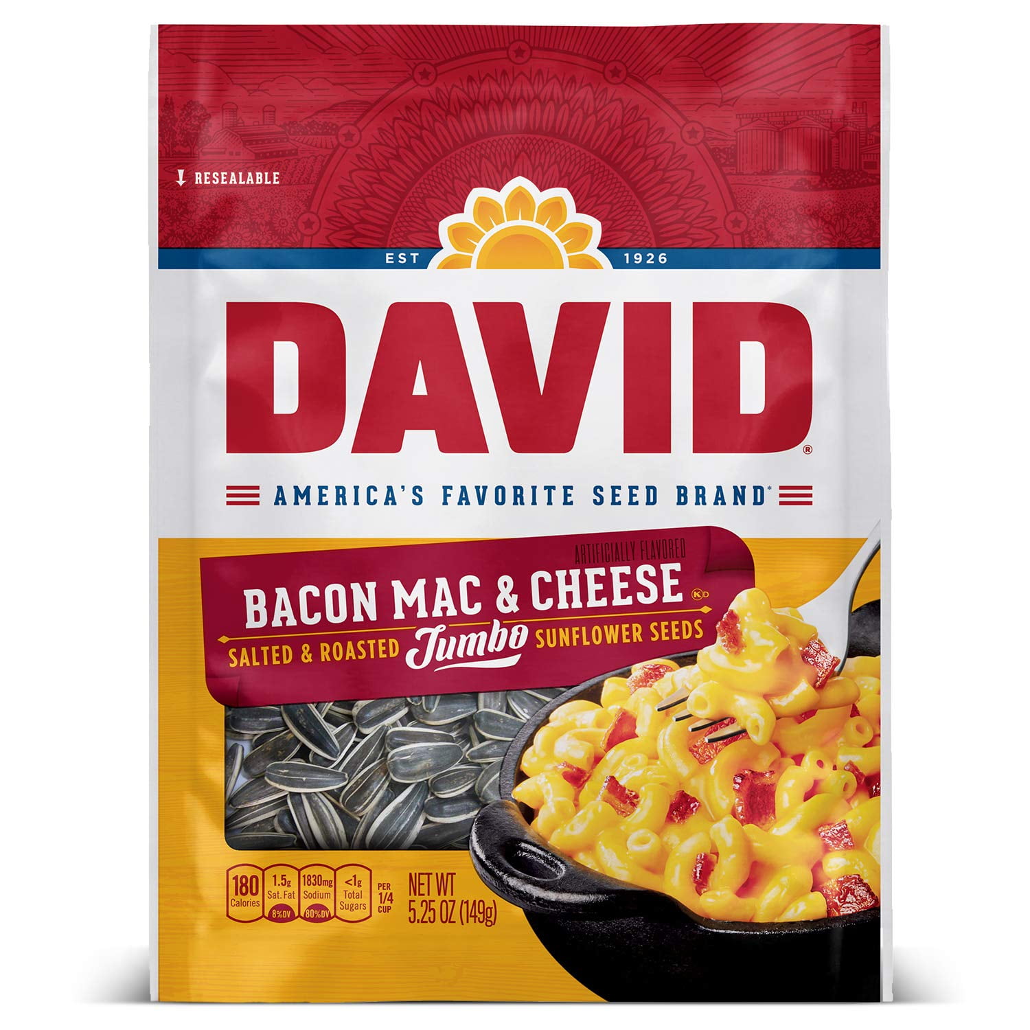 DAVID Seeds Roasted and Salted Bacon Mac Cheese Jumbo Sunflower Seeds, Keto Friendly, 5.25 oz, 12 Pack