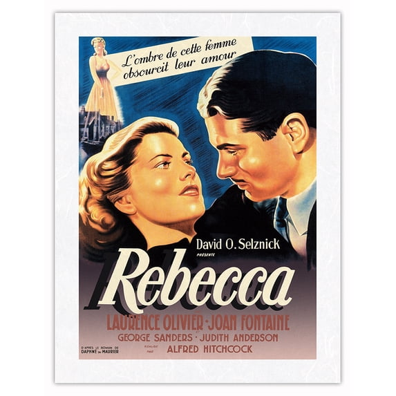 David O.Selznick’s Rebecca - starring Laurence Olivier, Joan Fontaine - Vintage French Movie Poster c.1940 - Japanese Unryu Rice Paper Art Print (Unframed) 17 x 22 in