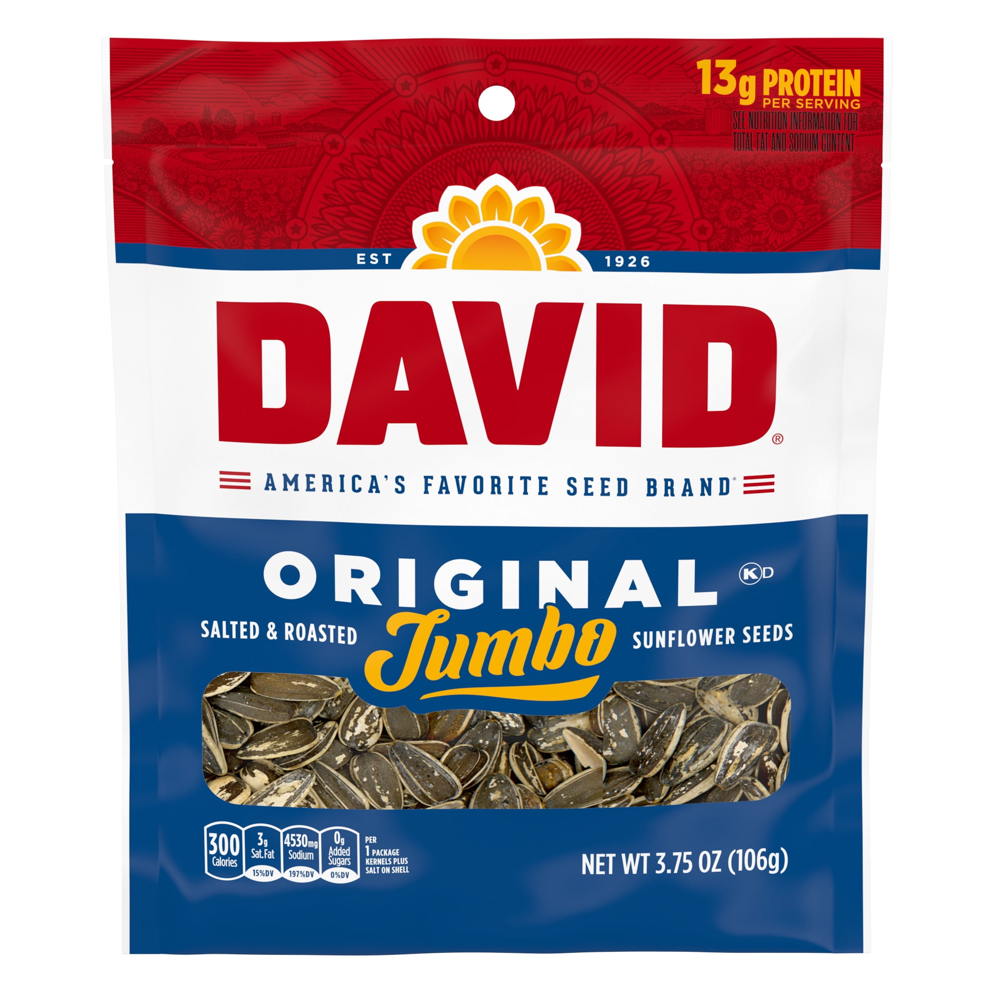 David Original Jumbo Sunflower Seeds, Keto Friendly Snack, 3.75 oz. Bag