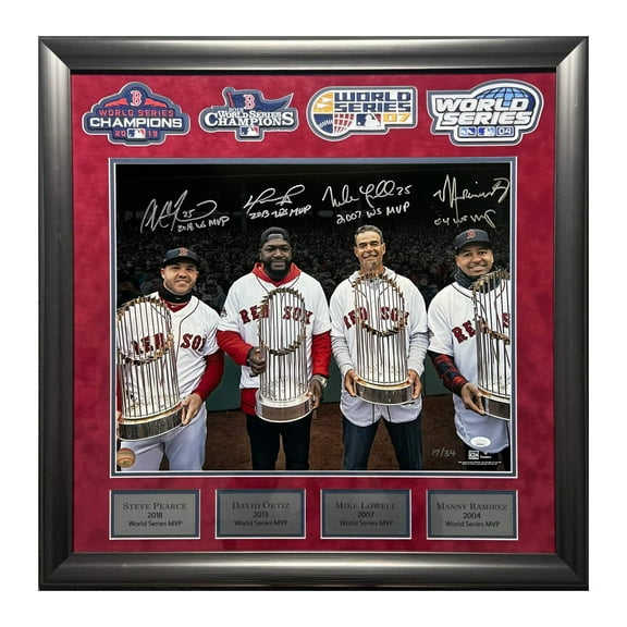 David Ortiz, Manny Ramirez, Mike Lowell Steve Pearce Red Sox Autographed World Series MVP's Inscribed 16x20 Photo Framed to 26x27 LE /34 JSA