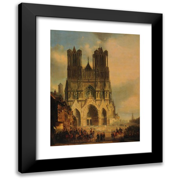 David Roberts 12x14 Black Modern Framed Museum Art Print Titled - The Facade of the Reims Cathedral with a Medieval Procession and a Procession in the Foreground (1825-1838)