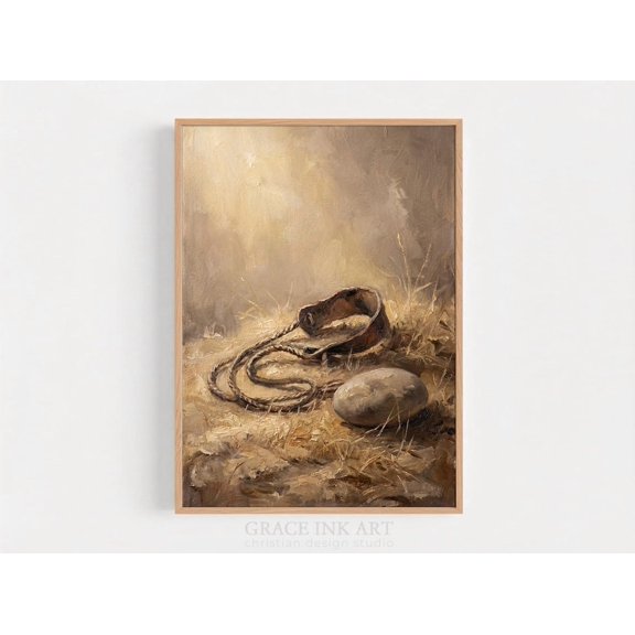 David'S Sling And Stone Christian Art Symbol Of Faithcourage And Trust In God. Faith Minimalist Christian Poster , Poster Print Only