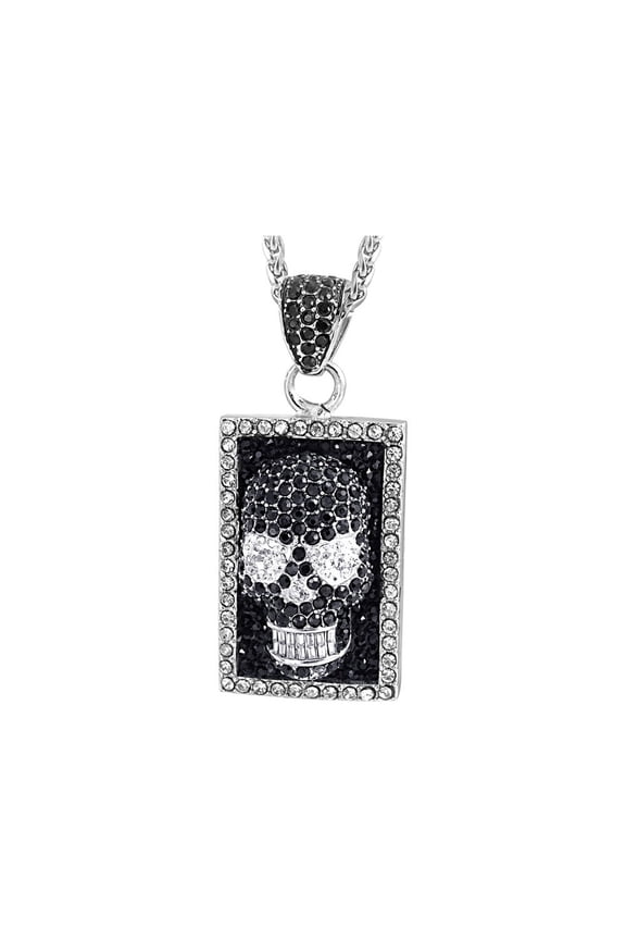 David Sigal Skull Necklace Pendant with Synthetic Black and White Crystals in Stainless Steel