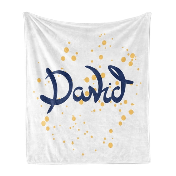 David Soft Flannel Fleece Throw Blanket, Hand Drawn Lettering Design with Traditional Male Name on Dotted Background, Cozy Plush for Indoor and Outdoor Use, 70" x 90", Dark Blue Mustard, by Ambesonne
