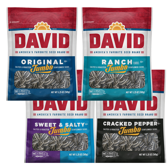 David Sunflower Seeds Jumbo Variety 4 Pack includes Original, Ranch, Sweet & Salty, Cracked Pepper