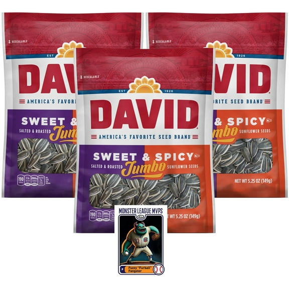David Sweet & Spicy Jumbo Sunflower Seeds, 5.25 oz (Pack of 3) with By The Cup Baseball Card