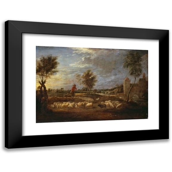 David Teniers The Younger 14x11 Black Modern Framed Museum Art Print Titled - Sunset Landscape with a Shepherd and His Flock