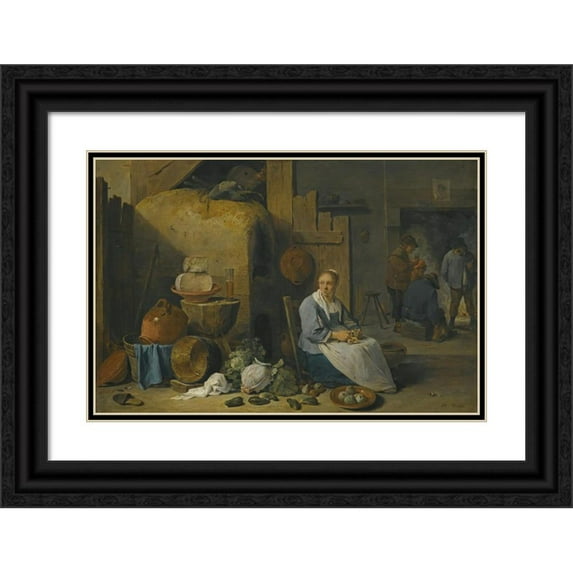 David Teniers The Younger 14x11 Black Ornate Wood Framed Double Matted Museum Art Print Titled: A Barn Interior with a Maid Preparing Vegetables (1643)