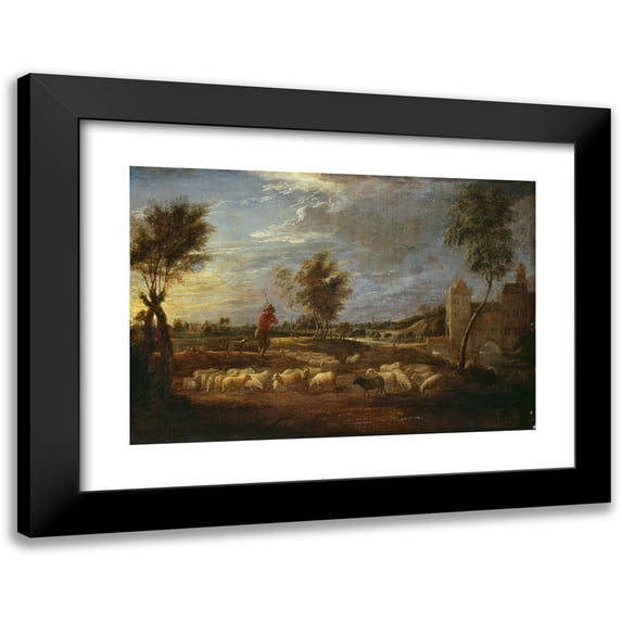 David Teniers The Younger 18x14 Black Modern Framed Museum Art Print Titled - Sunset Landscape with a Shepherd and His Flock