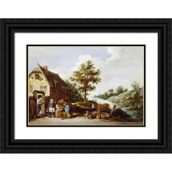 David Teniers The Younger 18x14 Black Ornate Wood Framed Double Matted Museum Art Print Titled - A Riverside Inn (C.1645-1650)