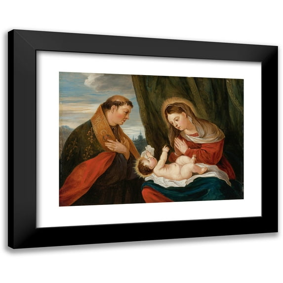David Teniers The Younger 24x18 Black Modern Framed Museum Art Print Titled - Madonna and Child with St. Ludwig of Toulouse