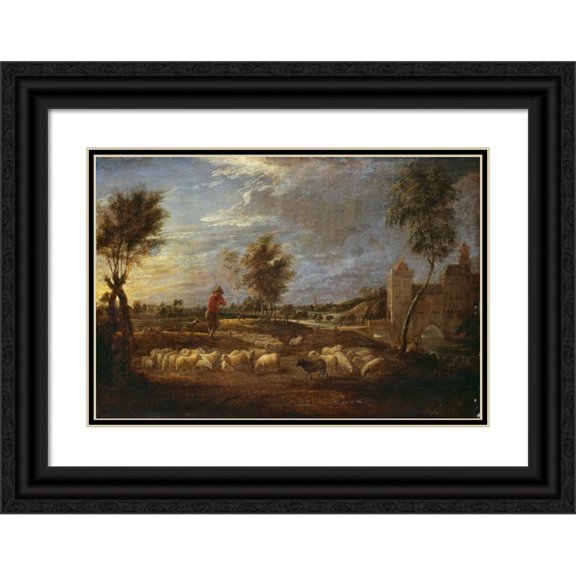 David Teniers The Younger 24x18 Black Ornate Framed Double Matted Museum Art Print Titled: Sunset Landscape with a Shepherd and His Flock