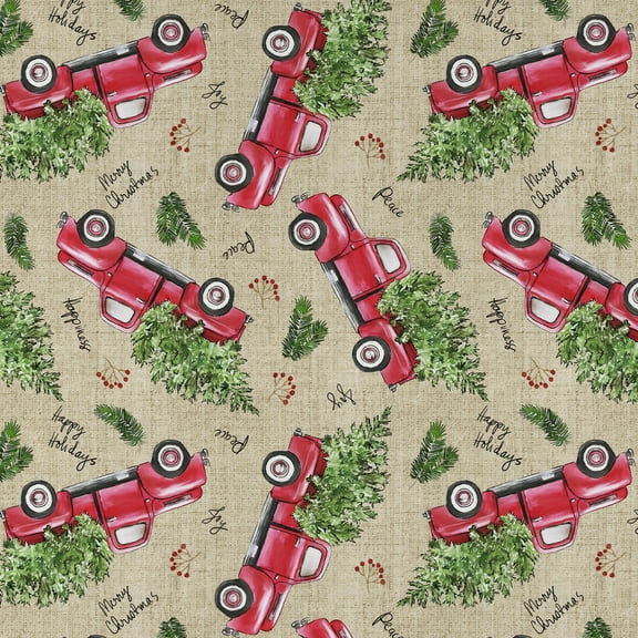 David Textiles 1-Yard Cotton Vintage Christmas Trucks Precut Fabric, Red
