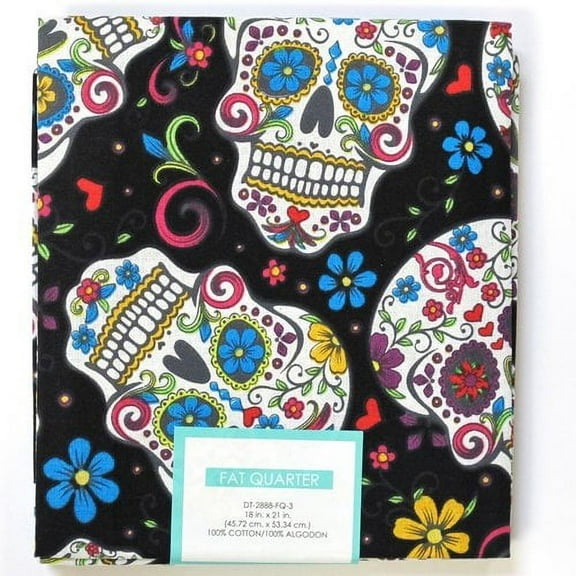 David Textiles 21" x 18" 100% Cotton Folkloric Skulls Precut Sewing & Craft Fabric, Black